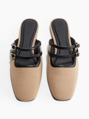 NWOT NEW H&M Canvas Mules Flats Dark Beige Chisel Toe Adjustable Strap Size 10